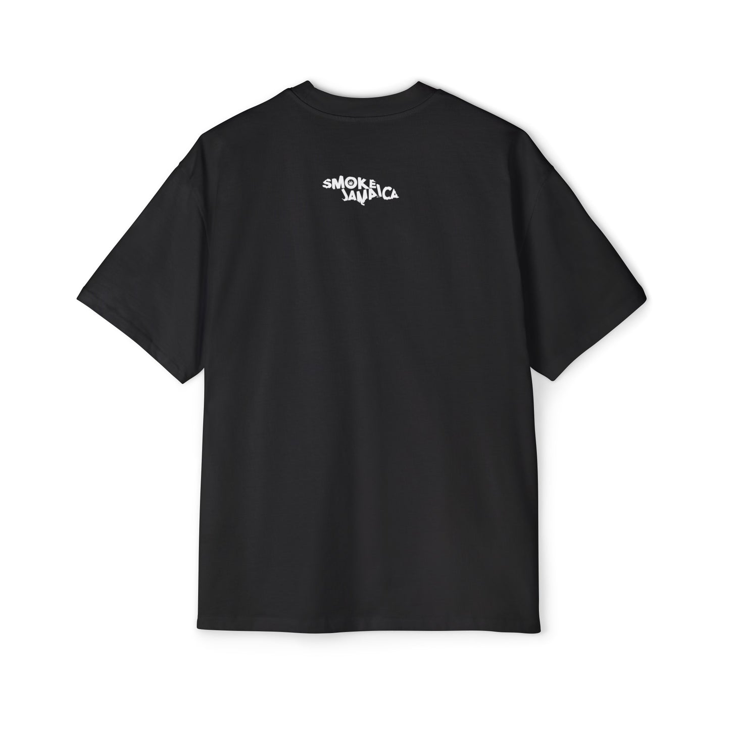 Oversized black t-shirt featuring a blurred graphic of a rasta, symbolizing Fudge Head, crafted from 100% cotton, showcasing a relaxed, boxy fit with dropped shoulders, highlighting the Rasta T-shirt theme.