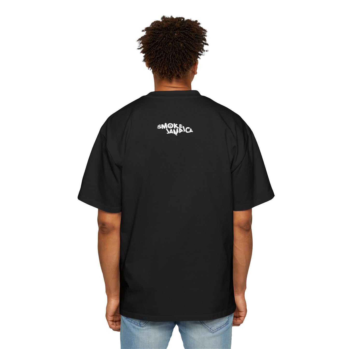 Oversized black t-shirt featuring a blurred graphic of a rasta, symbolizing Fudge Head, crafted from 100% cotton, showcasing a relaxed, boxy fit with dropped shoulders, highlighting the Rasta T-shirt theme.