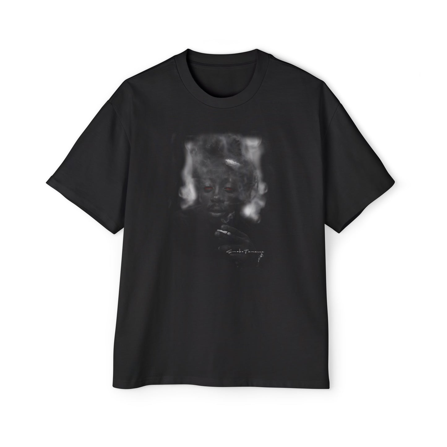Oversized black t-shirt featuring a blurred graphic of a rasta, symbolizing Fudge Head, crafted from 100% cotton, showcasing a relaxed, boxy fit with dropped shoulders, highlighting the Rasta T-shirt theme.
These revisions ensure that the keyphr