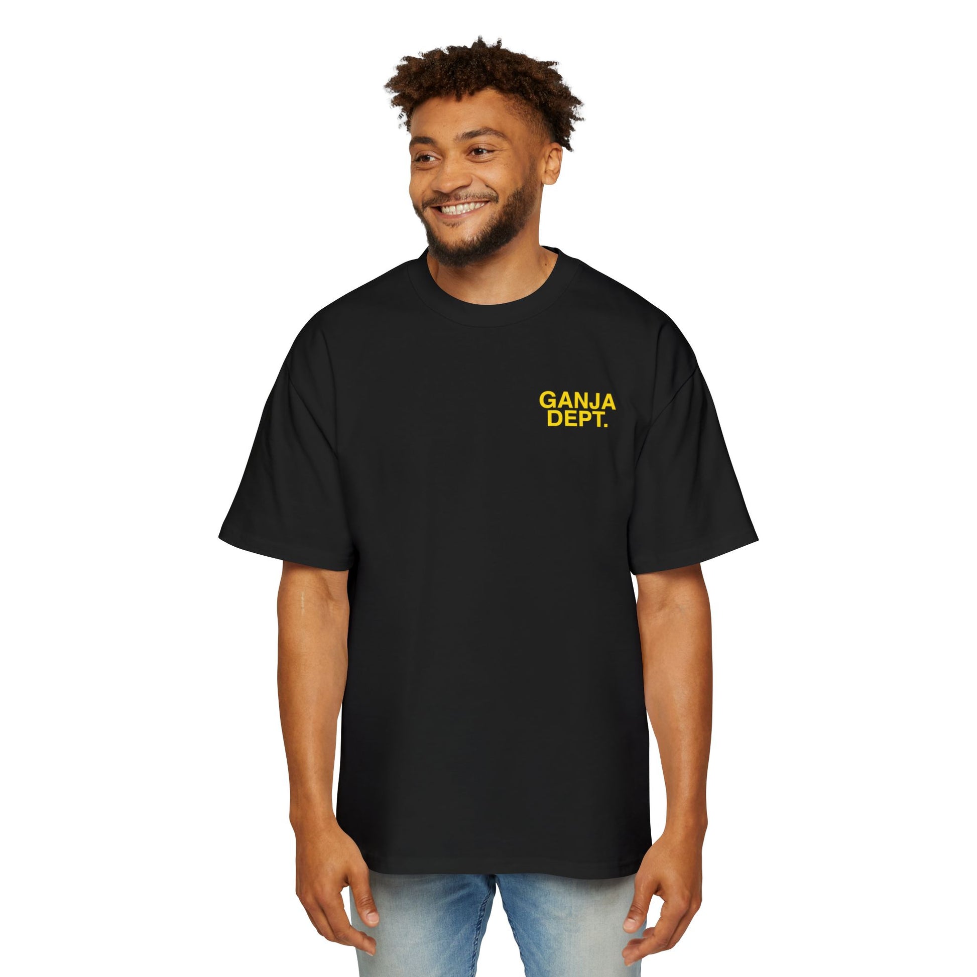 Black oversized T-shirt with bold yellow "Ganja Dept." print, Jamaican Ganja Department shirt, Oversized black T-shirt with "Kingston, Jamaica" print