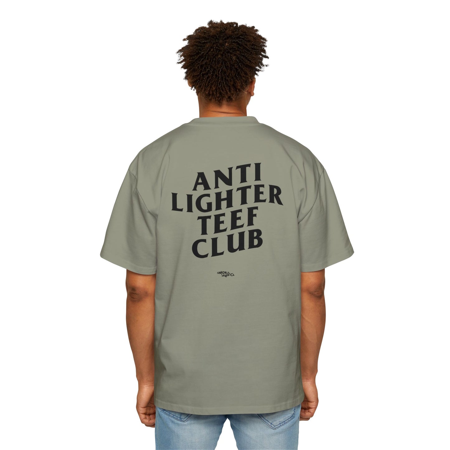 White oversized t-shirt featuring bold black text on the back reading "Anti Lighter Teef Club," with a relaxed fit and 100% cotton fabric for comfort and style.