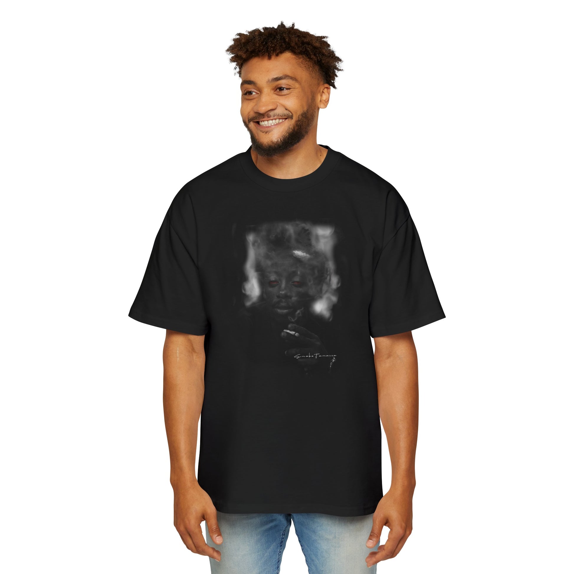  Oversized black t-shirt featuring a blurred graphic of a rasta, symbolizing Fudge Head, crafted from 100% cotton, showcasing a relaxed, boxy fit with dropped shoulders, highlighting the Rasta T-shirt theme.

