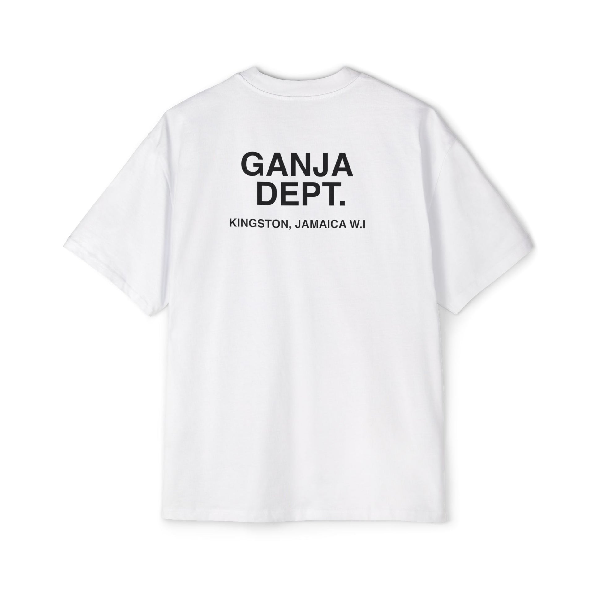 White oversized T-shirt with bold yellow "Ganja Dept." print, Jamaican Ganja Department shirt, Oversized black T-shirt with "Kingston, Jamaica" print