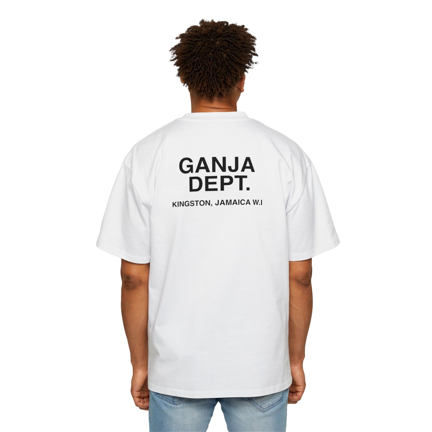 White oversized T-shirt with bold yellow "Ganja Dept." print, Jamaican Ganja Department shirt, Oversized black T-shirt with "Kingston, Jamaica" print