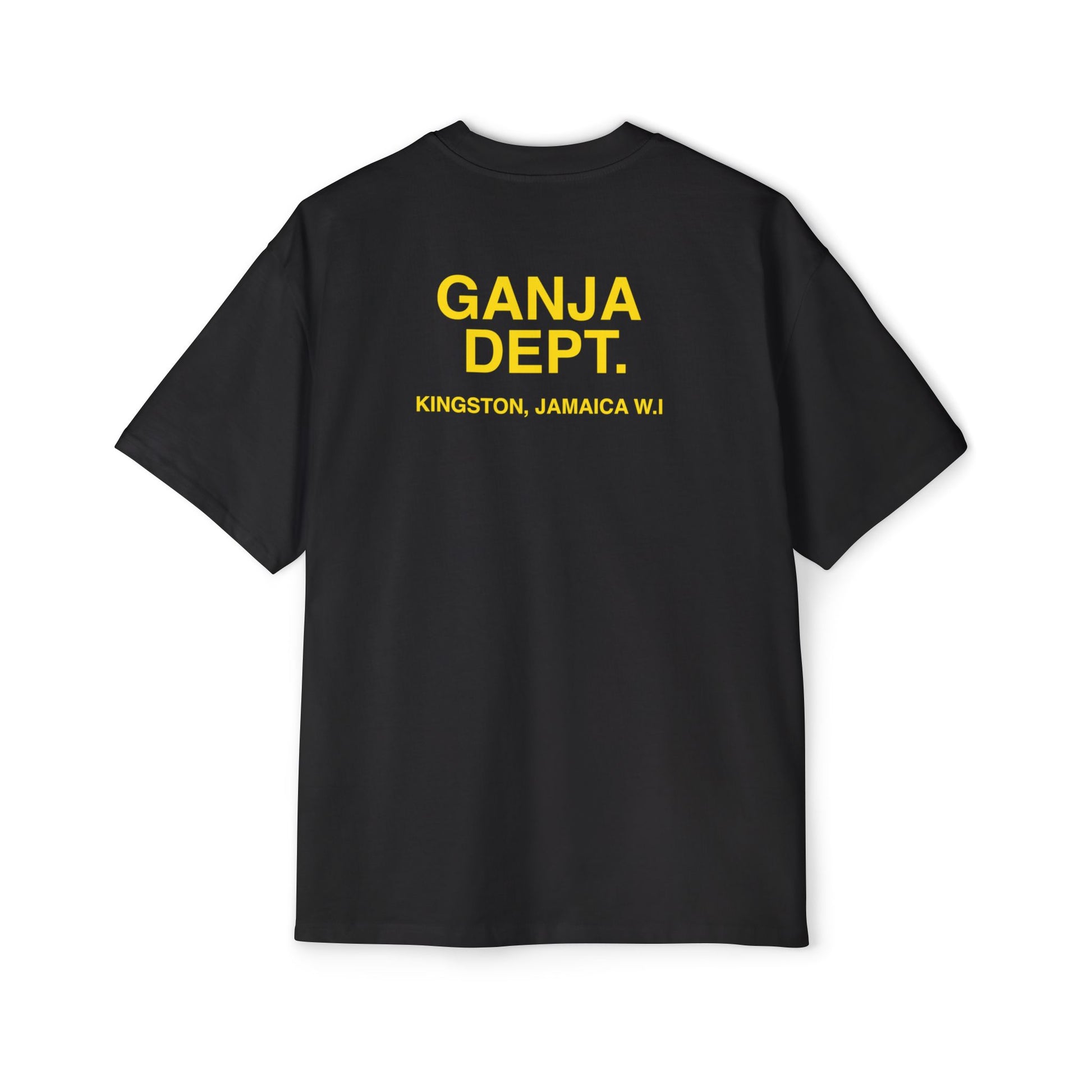 Black oversized T-shirt with bold yellow "Ganja Dept." print, Jamaican Ganja Department shirt, Oversized black T-shirt with "Kingston, Jamaica" print