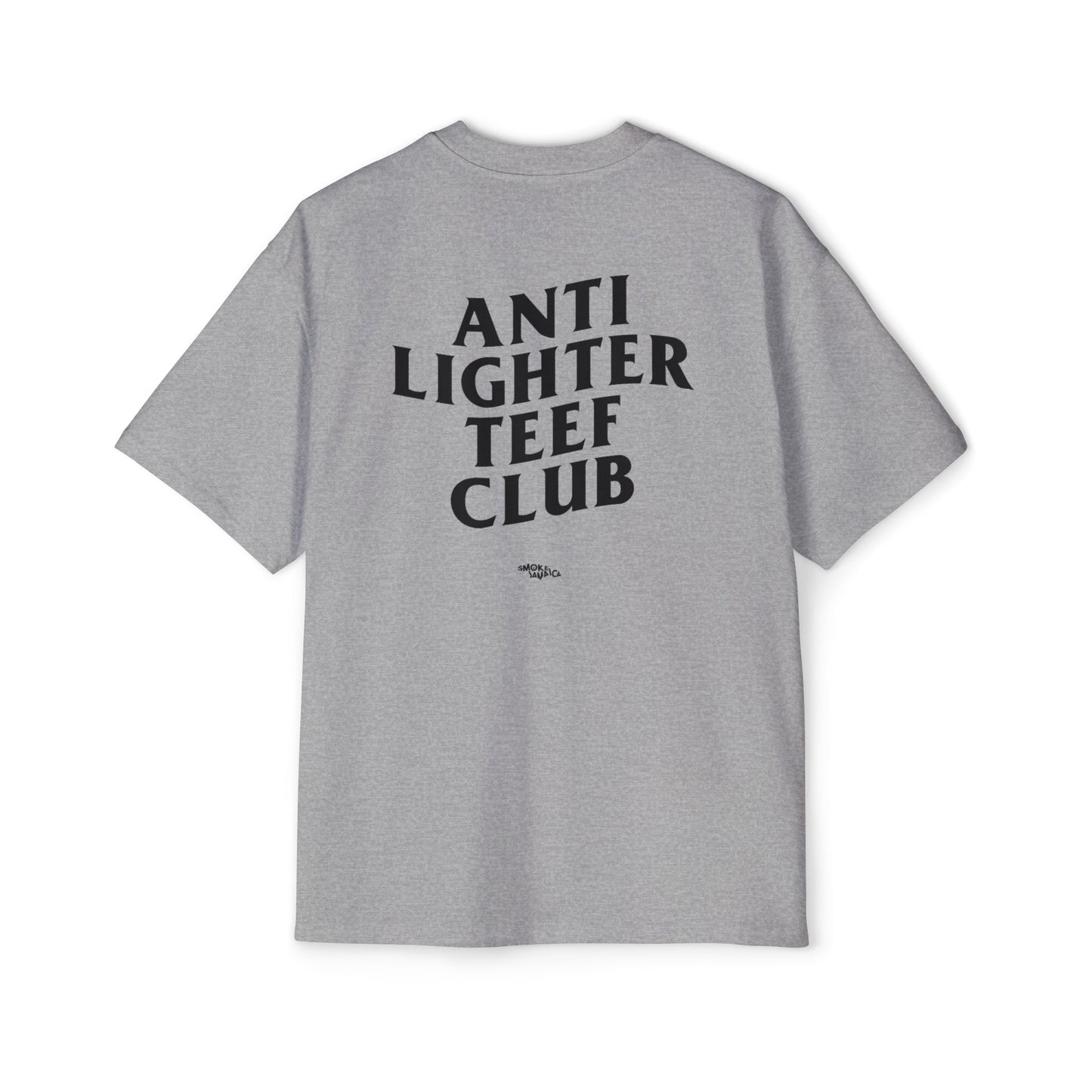 White oversized t-shirt featuring bold black text on the back reading "Anti Lighter Teef Club," with a relaxed fit and 100% cotton fabric for comfort and style.