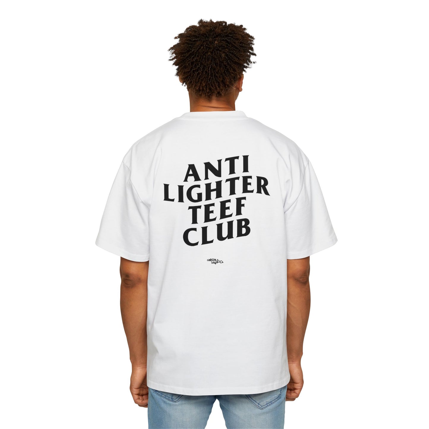 White oversized t-shirt featuring bold black text on the back reading "Anti Lighter Teef Club," with a relaxed fit and 100% cotton fabric for comfort and style.