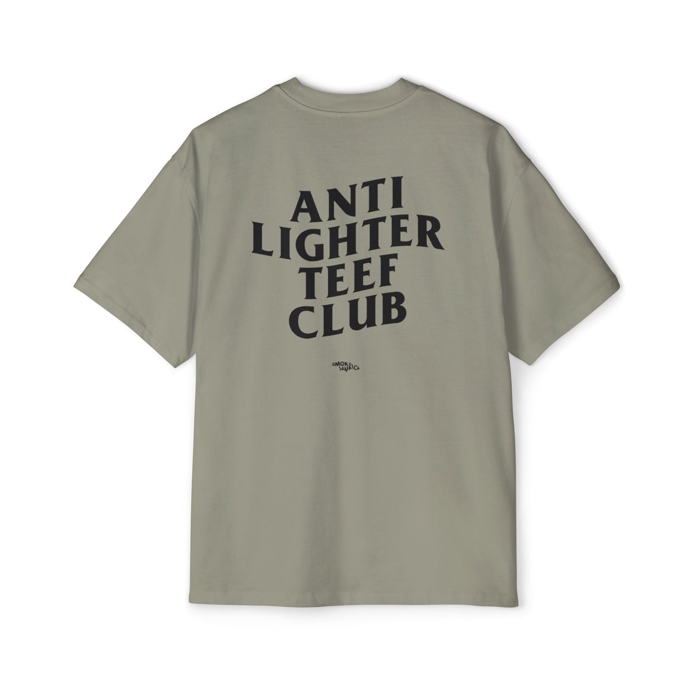 White oversized t-shirt featuring bold black text on the back reading "Anti Lighter Teef Club," with a relaxed fit and 100% cotton fabric for comfort and style.