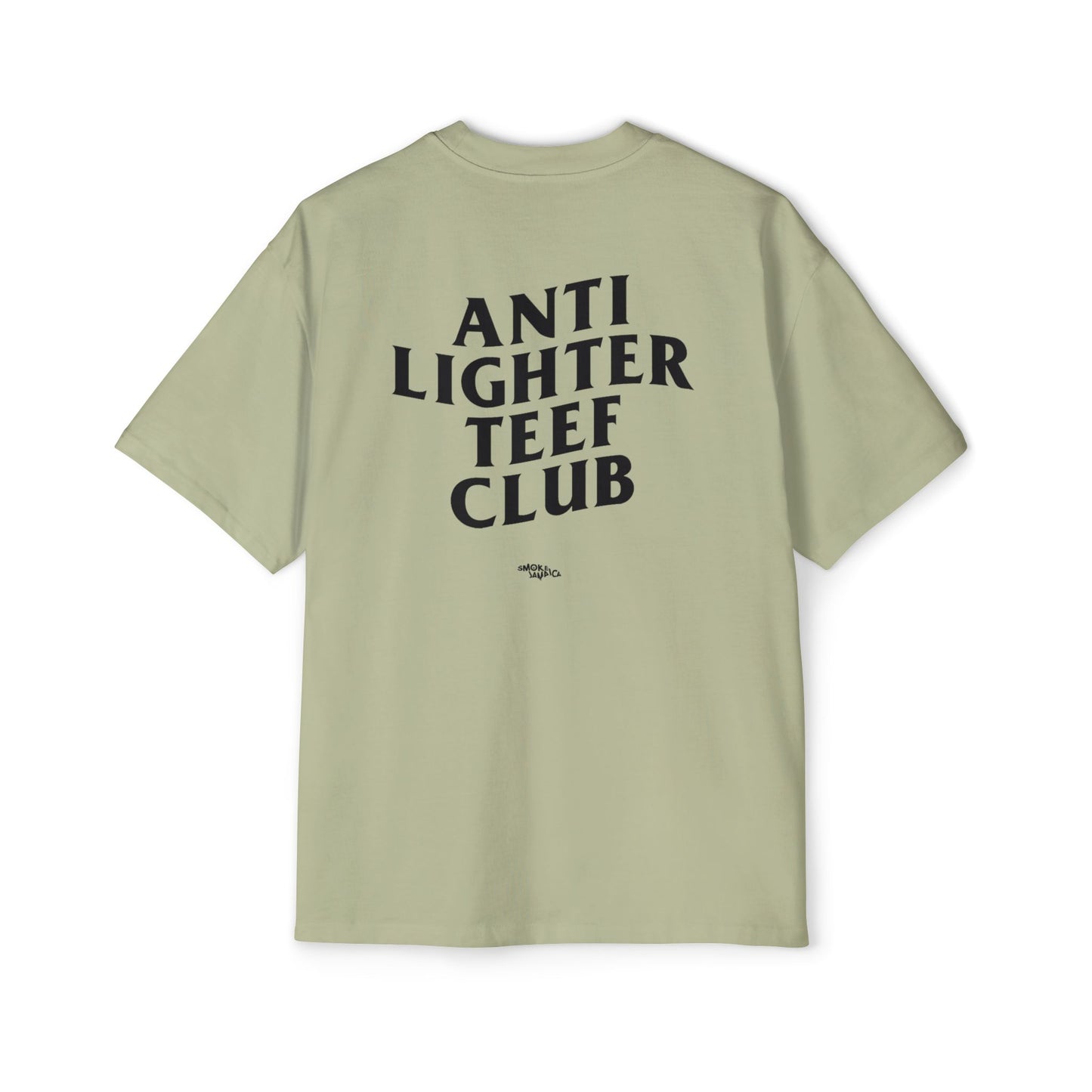 White oversized t-shirt featuring bold black text on the back reading "Anti Lighter Teef Club," with a relaxed fit and 100% cotton fabric for comfort and style.