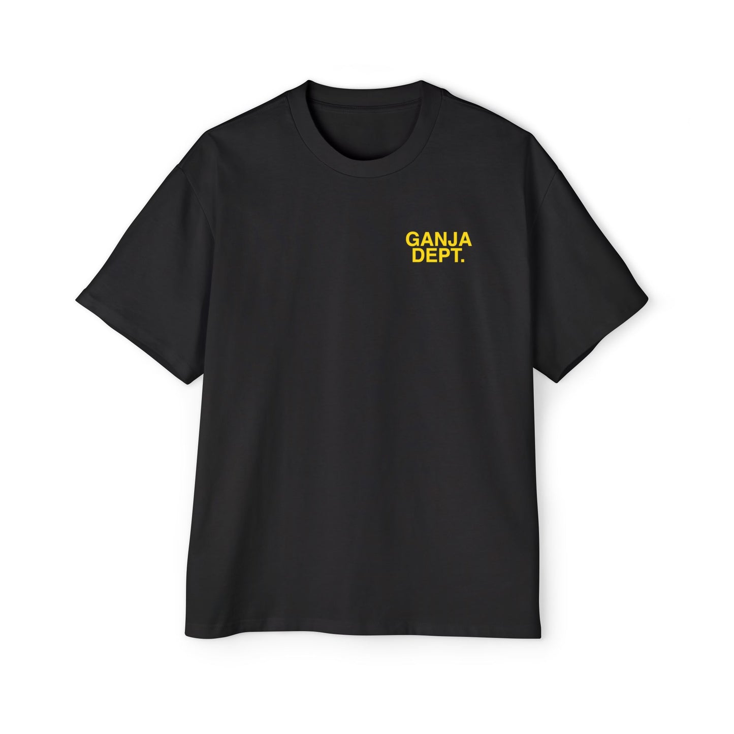 Black oversized T-shirt with bold yellow "Ganja Dept." print, Jamaican Ganja Department shirt, Oversized black T-shirt with "Kingston, Jamaica" print