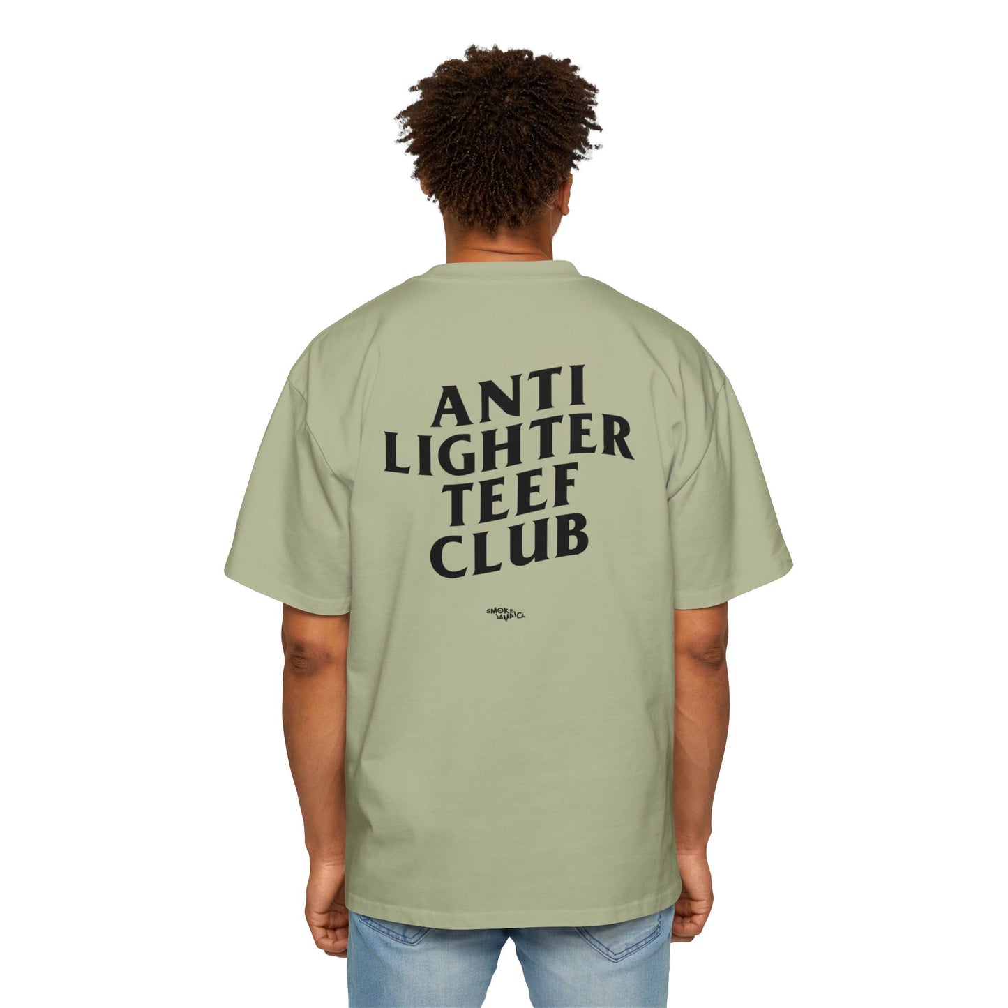 White oversized t-shirt featuring bold black text on the back reading "Anti Lighter Teef Club," with a relaxed fit and 100% cotton fabric for comfort and style.