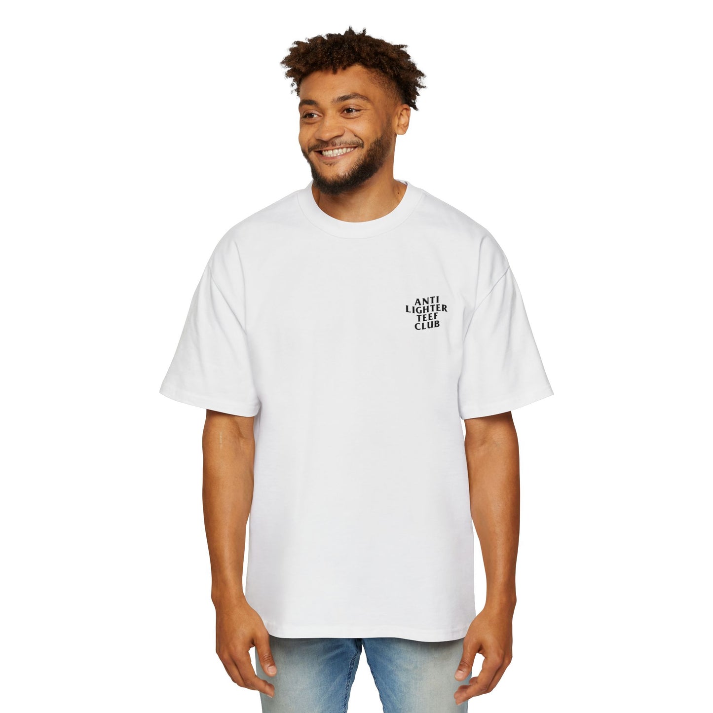 White oversized t-shirt featuring bold black text on the back reading "Anti Lighter Teef Club," with a relaxed fit and 100% cotton fabric for comfort and style.