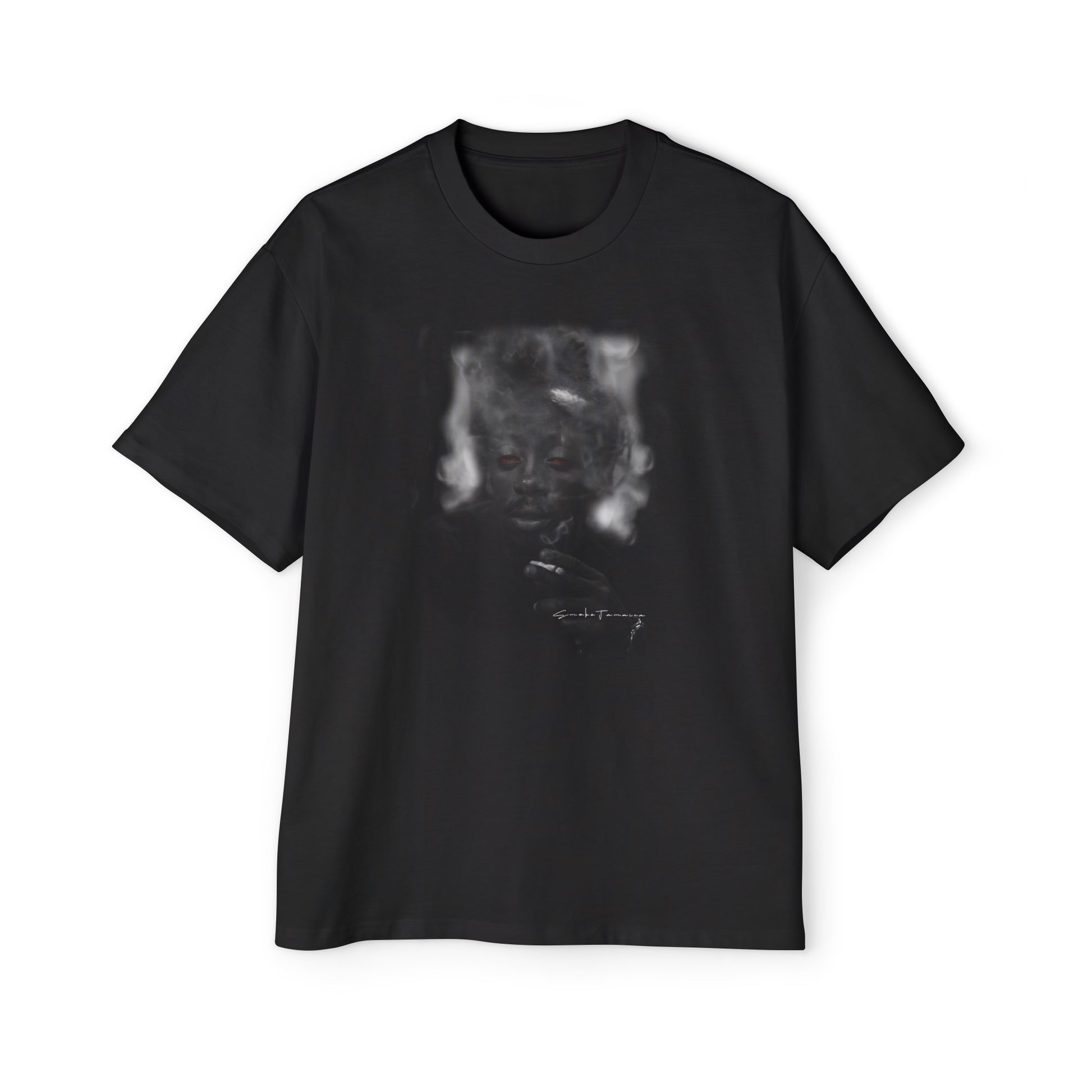  Oversized black t-shirt featuring a blurred graphic of a rasta, symbolizing Fudge Head, crafted from 100% cotton, showcasing a relaxed, boxy fit with dropped shoulders, highlighting the Rasta T-shirt theme.

These revisions ensure that the keyphr